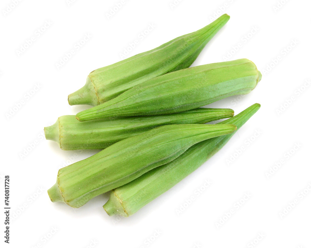 Fresh raw okra isolated on white background, horizontal with copy space Fresh raw okra isolated on white background, horizontal with copy space