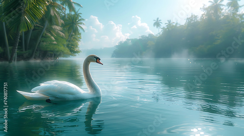 a swan in calm water with a tropical background photo