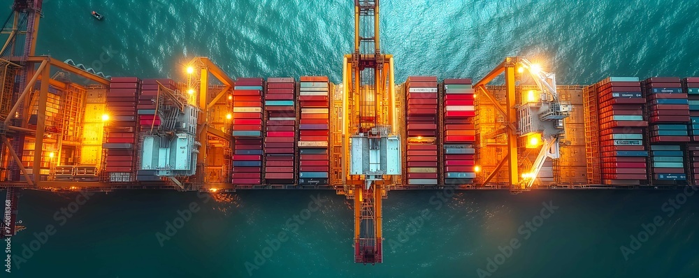 Fototapeta premium An aerial view shows the complex structure of a seaport with neatly stacked colorful containers, massive cranes and a loading cargo ship