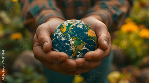 Young girl holding a globe in her hands, lush blue nature background. The photo conveys the message of support for our planet