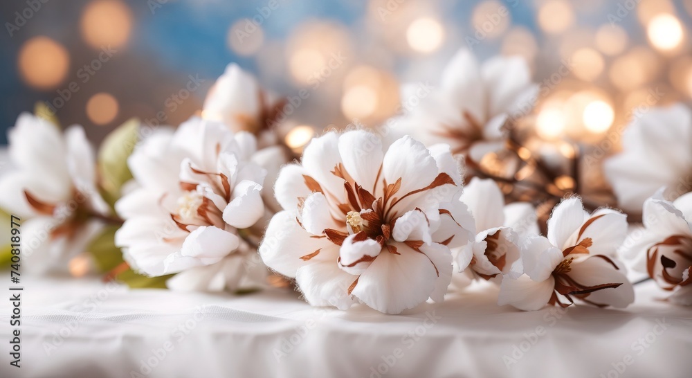 Cotton flower on white cotton fabric cloth backgrounds Cotton flower on white cotton fabric cloth backgrounds
