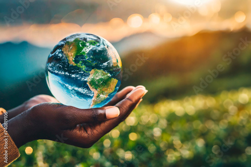Save planet. Crystal earth in hands. Green planet on hand. save of earth. Environment concept for background web or world guardian organization.