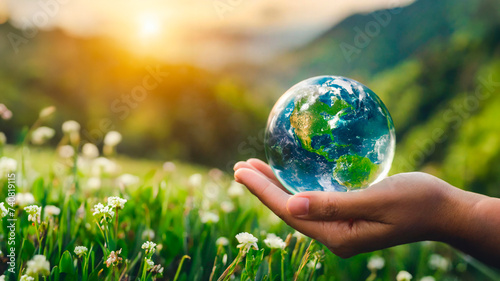 crystal earth in hands. green planet on hand. save of earth. environment concept for background web or world guardian organization. photo