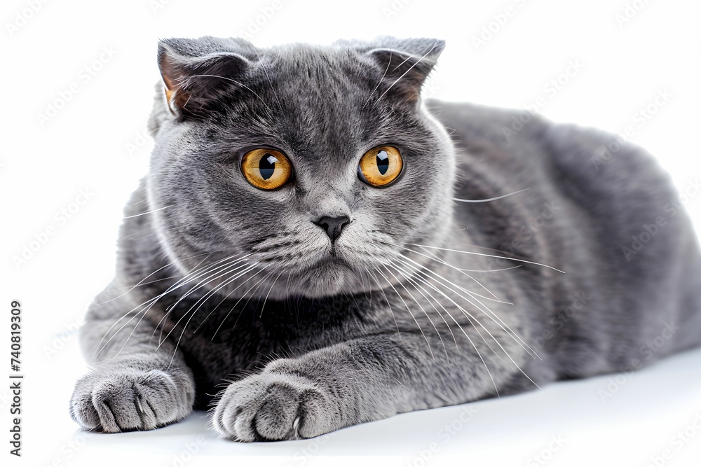 With wide, expressive yellow eyes and a surprised look, a close-up of a Scottish Fold cat is isolated on a white background. With wide, expressive yellow eyes and a surprised look, a close-up of a Scottish Fold cat is isolated on a white background.