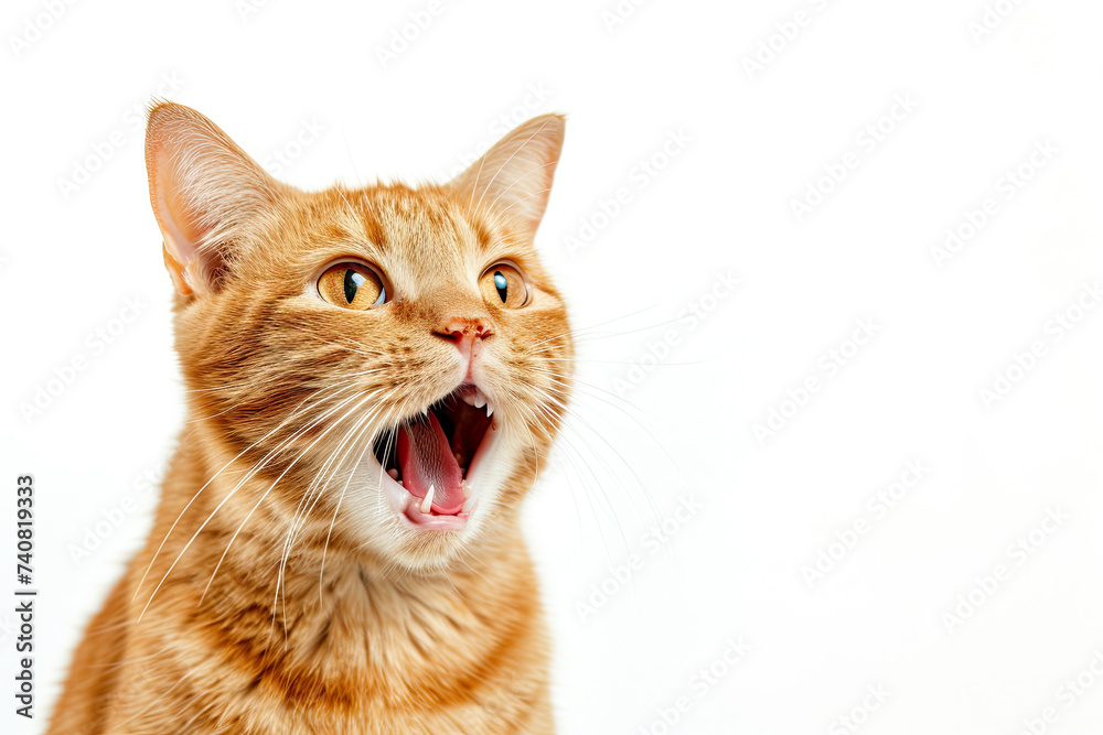 close up orange cat surprised with mouth open isolated on white background