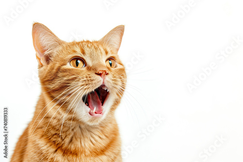 close up orange cat surprised with mouth open isolated on white background