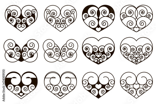 Hearts made of lines and swirls. Black and white geometric hearts. Vector heart forms. Individual elements on a white background. Design for wedding invitation, Valentine's Day or another occasion.