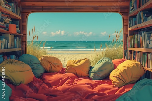 Beachside Book Nook: A cozy car filled with books and beanbags, creating a quiet haven for bibliophiles to relax and read on the beach. photo