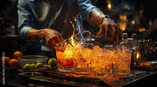 A bartender flaming a citrus peel for a cocktail