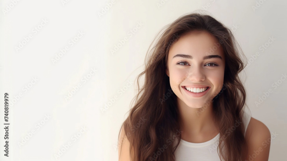 Universal photorealistic banner with a girl smiling with beautiful white teeth, close-up on a white plain background, close-up with space to insert text Universal photorealistic banner with a girl smiling with beautiful white teeth, close-up on a white plain background, close-up with space to insert text