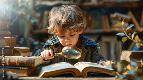 Child with a magnifying glass surrounded by books joy of learning, child reading a book