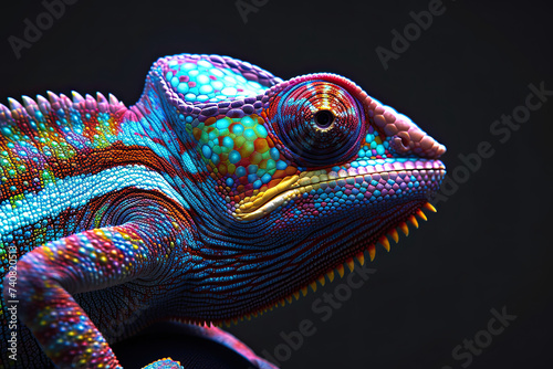 colorful chameleon sitting on black background