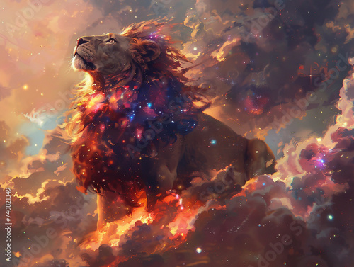 An ethereal lion's head emerges from a cosmic nebula, exuding power.