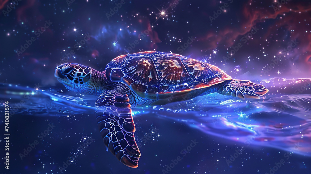 A sea turtle gliding through a star-filled underwater cosmos. A sea turtle gliding through a star-filled underwater cosmos.