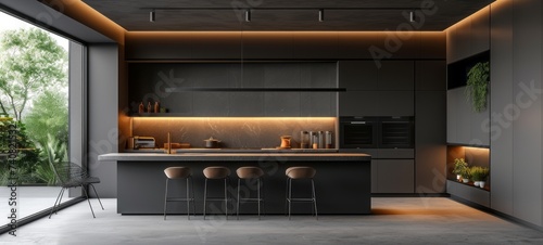 Modern kitchen with integrated appliances and elegant black fronts.