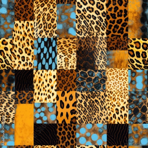 Blue and Orange Patchwork of Leopard and Tiger Spot Designs.