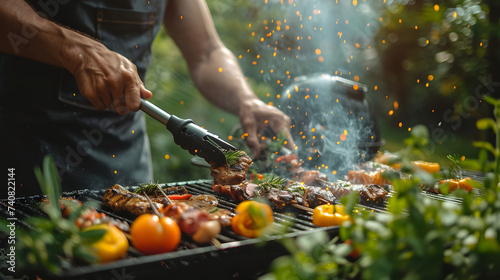 Outdoor barbecue, grill, roasted beef, sausages, summer, sunset, fun, vacation, beer, celebration