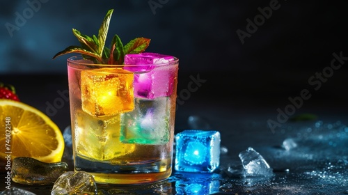 Colorful LED Ice Cube Cocktail with Citrus and Basil Garnish.