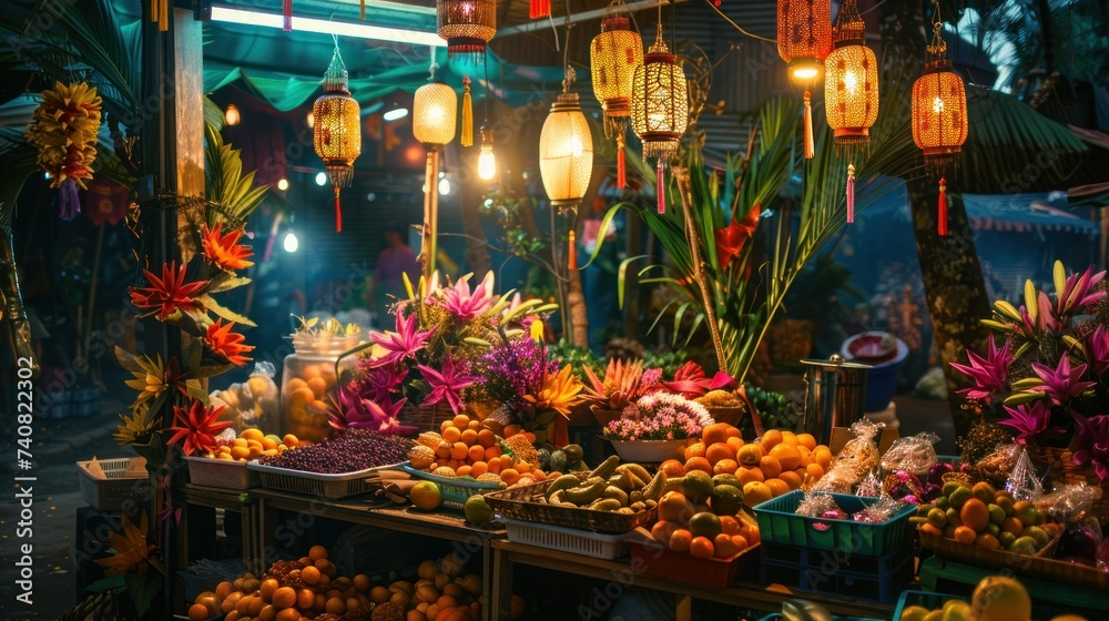 Exotic Night Market with Colorful Fruits and Lanterns. An exotic night market illuminated by lanterns, showcasing a vibrant display of tropical fruits and flowers.