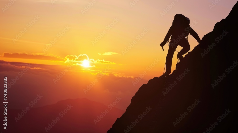 Silhouette of Climber on Mountain at Sunset. A lone climber ascends a steep mountain, silhouetted against the vibrant colors of the sunset sky. Silhouette of Climber on Mountain at Sunset. A lone climber ascends a steep mountain, silhouetted against the vibrant colors of the sunset sky.