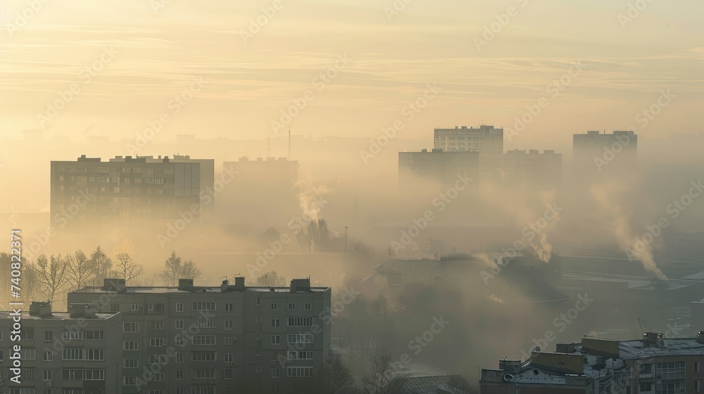 Foggy Morning Over Urban Apartment Blocks. Early morning fog blankets an urban landscape, with apartment blocks partially obscured by the misty conditions.