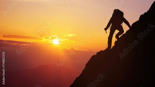 Silhouette of Climber on Mountain at Sunset. A lone climber ascends a steep mountain, silhouetted against the vibrant colors of the sunset sky. photo