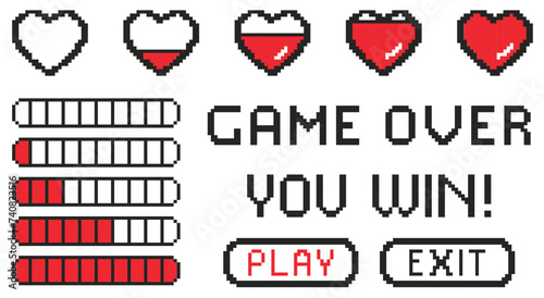 Pixel game 8 bit hearts, health life bar, Play and Exit buttons, Game Over and You Win inscription. Retro pixelated gaming symbols set on transparent background. Love, Valentine concept