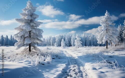 A snow-covered field with trees and tracks in the snow, showcasing a winter landscape