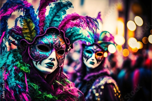 Two people in masks and carnival colorful costumes. Carnival costumes, masks and decorations. © Hawk