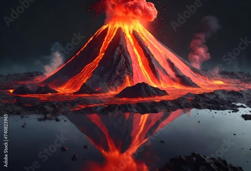 red fiery volcano with lava and smoke. ai generated
