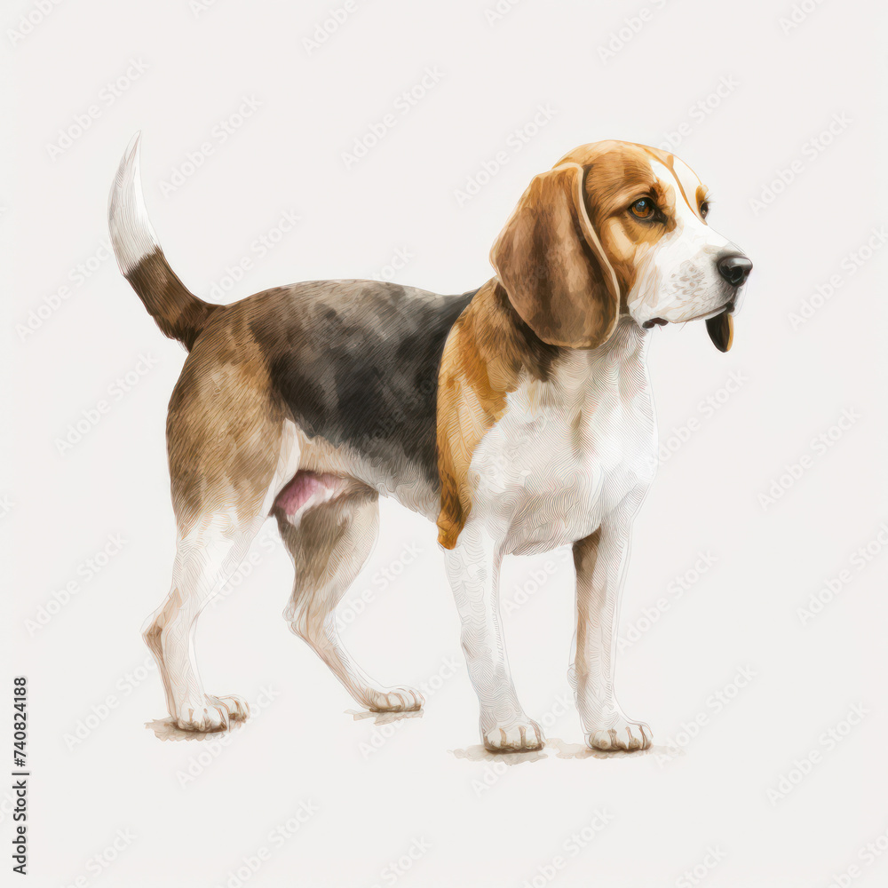 Beagle dog portrait, hound illustration, hunting dog,  generative AI on white background
