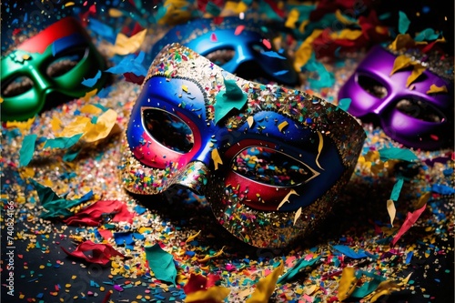 Mask with rich decorations and colorful streamers and confetti. Carnival costumes, masks and decorations.