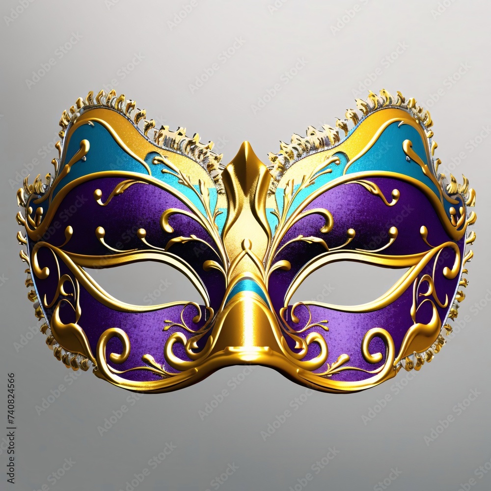 Carnival purple eye mask with rich gold embellishments on a light background. Carnival costumes, masks and decorations.