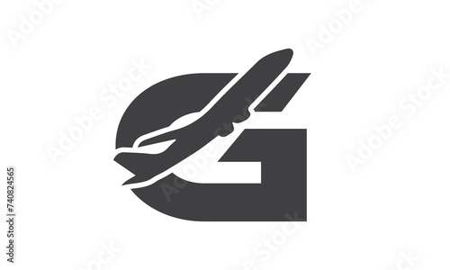 G tourism company logotype concept. Alphabet navigate g sign with airlines and jet plane, lowcost flight or logistic brand, global travel lowcoster logo idea. Isolated abstract graphic design template photo