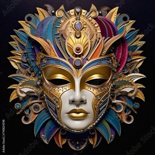 Mask with rich, colorful decorations. Carnival outfits, masks and decorations.
