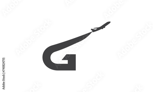 G tourism company logotype concept. Alphabet navigate g sign with airlines and jet plane, lowcost flight or logistic brand, global travel lowcoster logo idea. Isolated abstract graphic design template