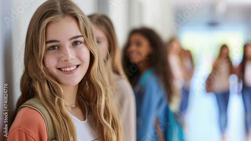 Portrait of smiling female college student standing in corridor at university .