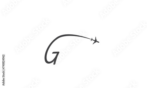 G tourism company logotype concept. Alphabet navigate g sign with airlines and jet plane, lowcost flight or logistic brand, global travel lowcoster logo idea. Isolated abstract graphic design template