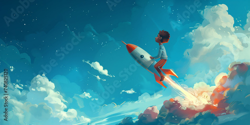 Boy's Fantasy Flight on Rocket Through Starry Sky