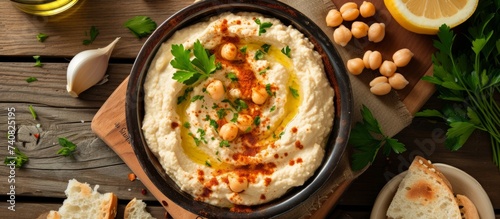 Aromatic bowl of traditional Middle Eastern hummus with fresh ingredients on a rustic wooden table