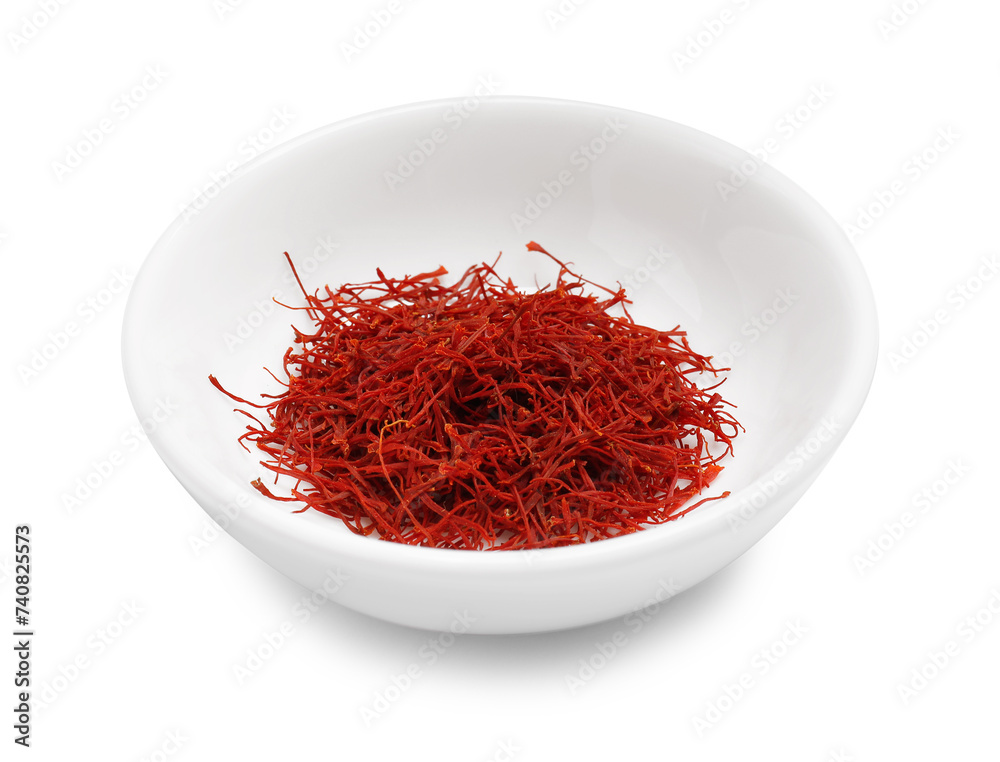 Fototapeta premium Aromatic saffron in bowl isolated on white
