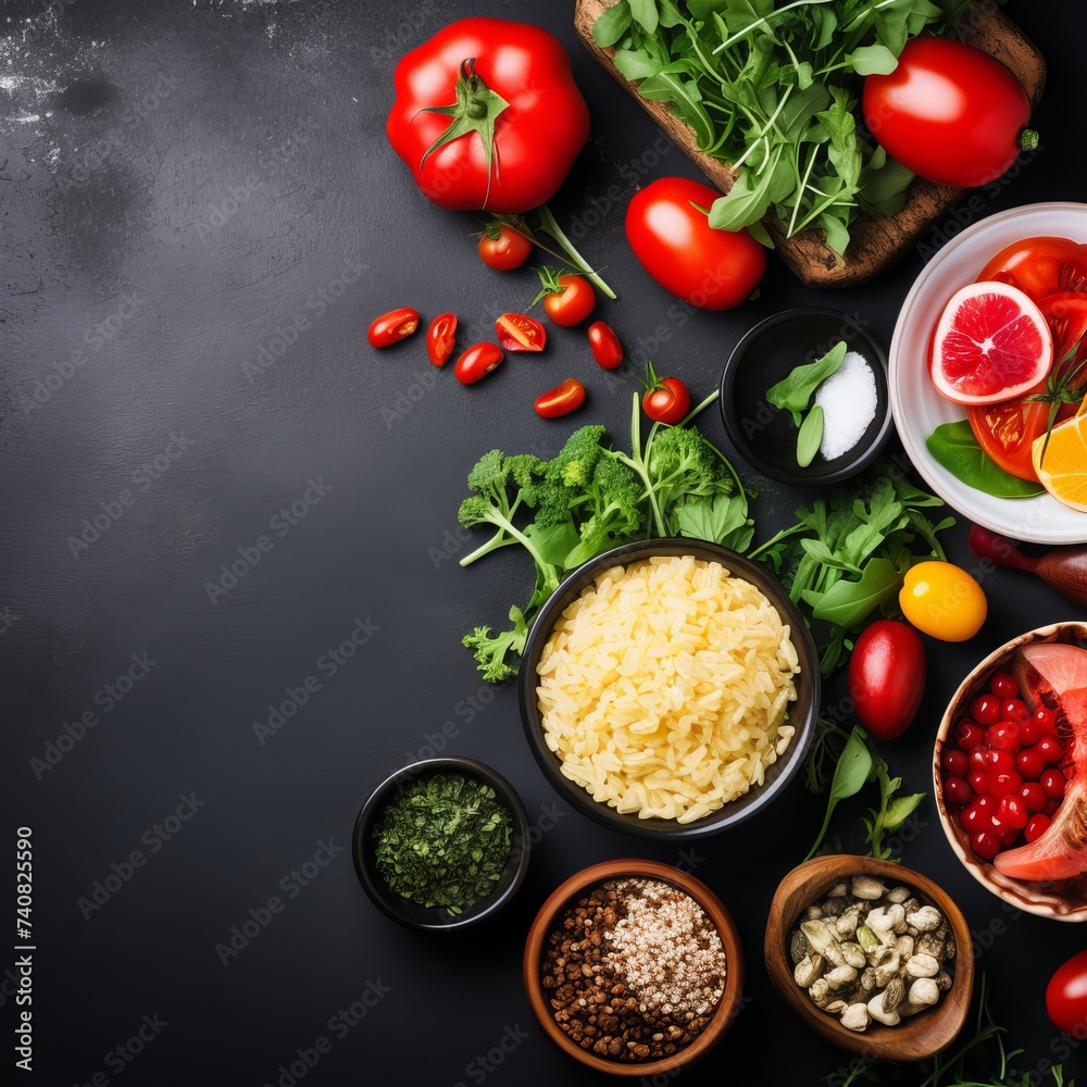 vegetables. Salads. Assortment of healthy food dishes. Top view. vegetables. Salads. Assortment of healthy food dishes. Top view.