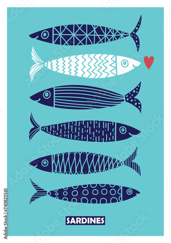 Cute sardines and heart. Vintage greeting card.