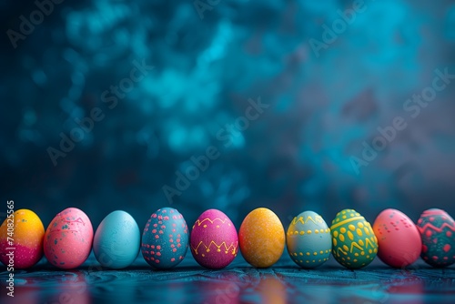 Easter poster and banner template with decorated eggs on a blue and pink background. Selective focus. Layout design for invitation, card, menu, flyer, banner, poster, voucher.