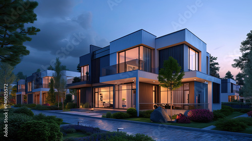 a row of townhouses at dusk. residential home in a modern development. modern building photo