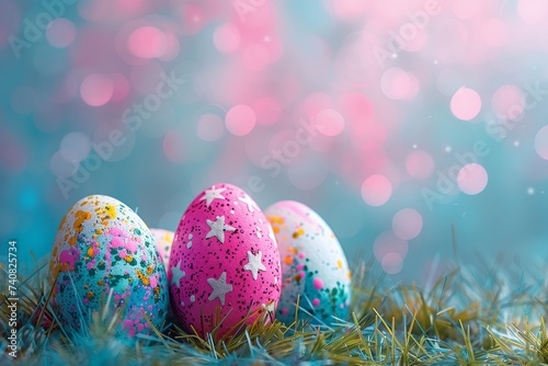 Easter poster and banner template with Easter eggs and pink flowers on a light blue background. Selective focus. Layout design for invitation, card, menu, flyer, banner, poster, voucher.
