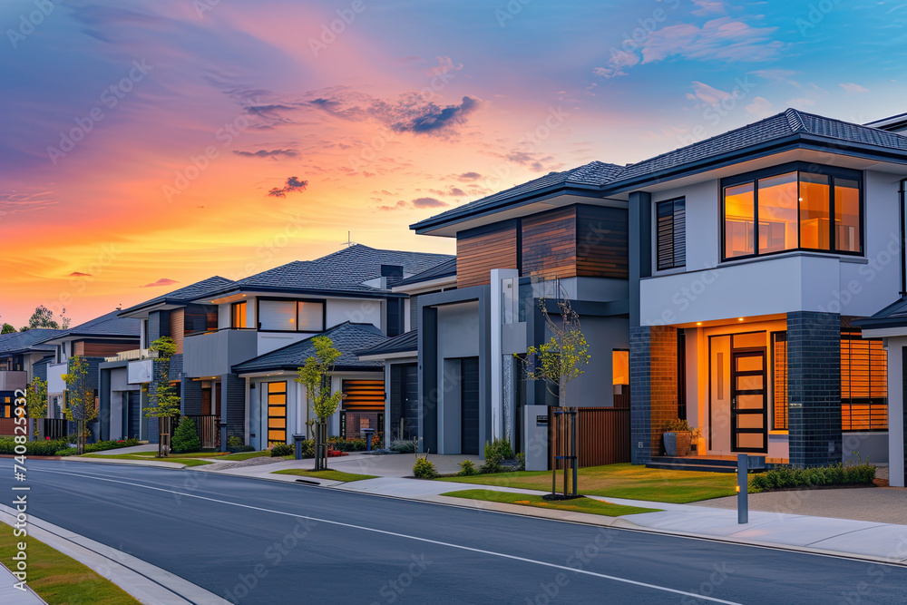 a row of townhouses at dusk. residential home in a modern development. modern building a row of townhouses at dusk. residential home in a modern development. modern building