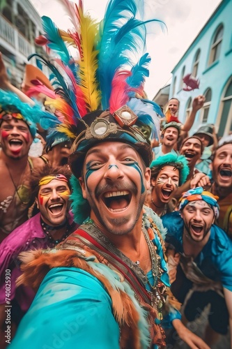 Happy smiling group of people in colorful carnival costumes. Carnival outfits, masks and decorations.