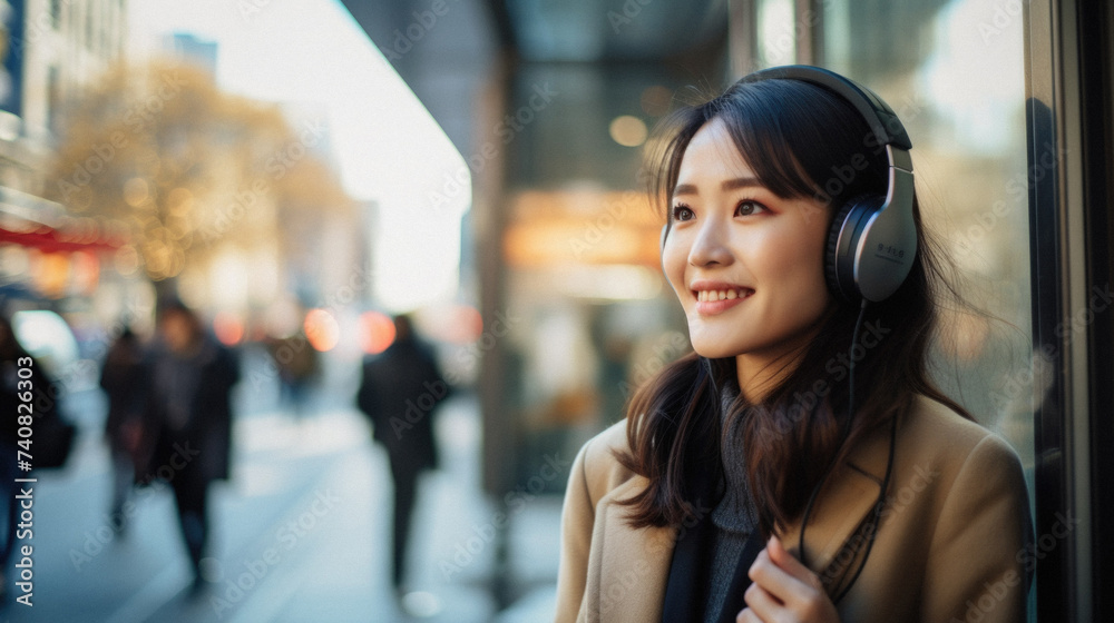 Young beautiful and happy Asian Korean woman listening to music with headphones in the city street smiling cheerful in urban lifestyle concept