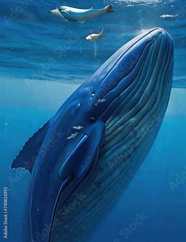 photo of a blue whale swimming across the ocean photo